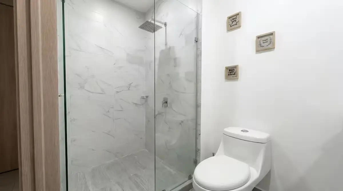 Baño privado con ducha y división en vidrio.