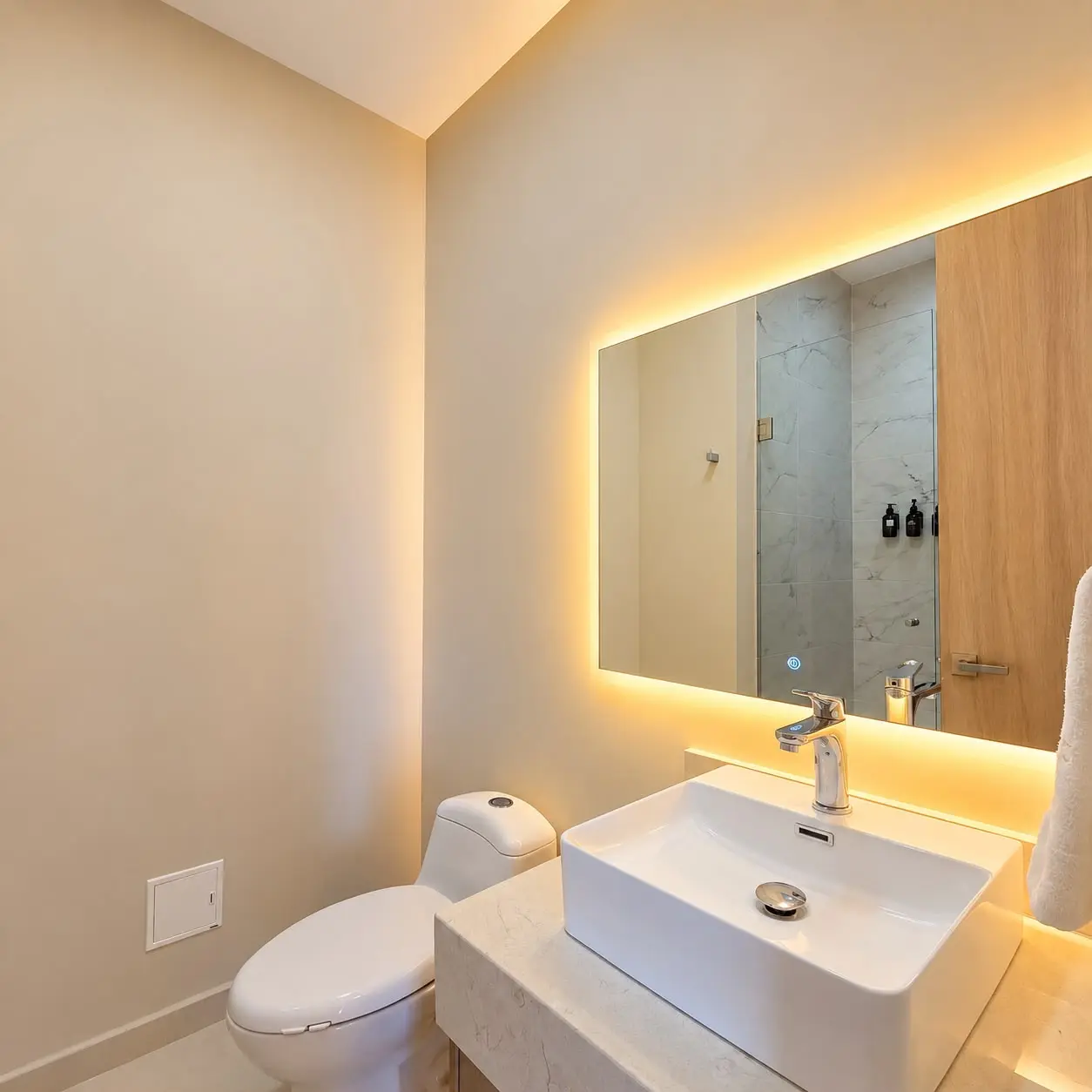 Baño con mueble de lavamanos e iluminación integrada.