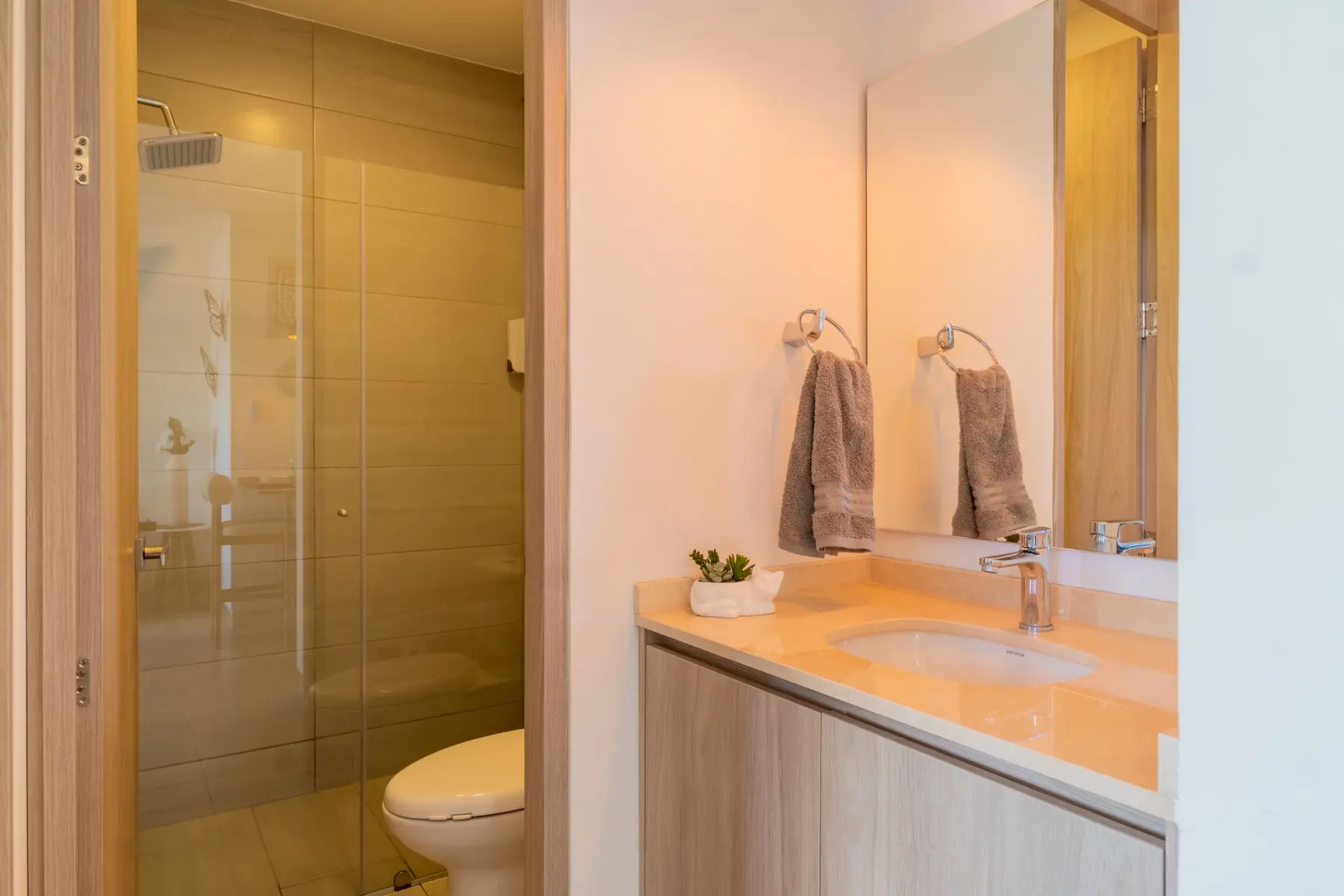 Baño del apartamento con división en vidrio